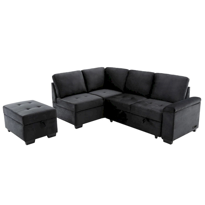 Gray / Dark Gray / Black L-Shaped Velvet Sleeper Sectional Sofa, 5-Seat
