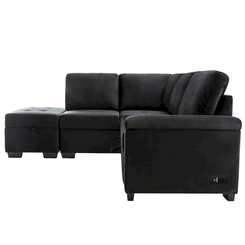 Gray / Dark Gray / Black L-Shaped Velvet Sleeper Sectional Sofa, 5-Seat