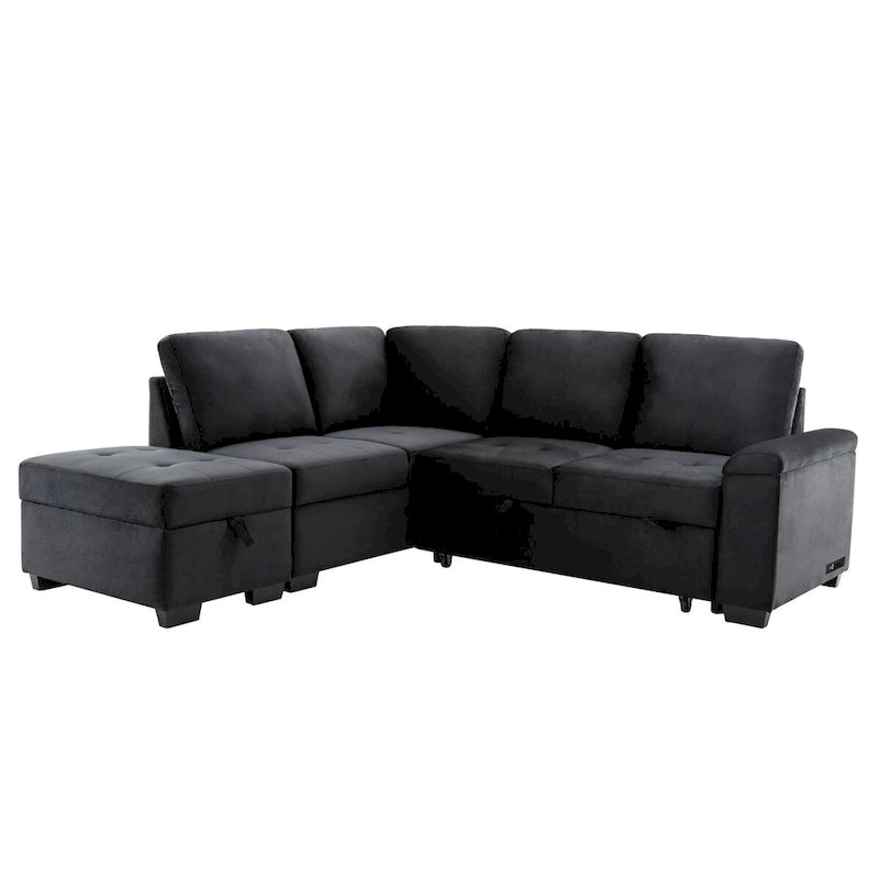 Gray / Dark Gray / Black L-Shaped Velvet Sleeper Sectional Sofa, 5-Seat