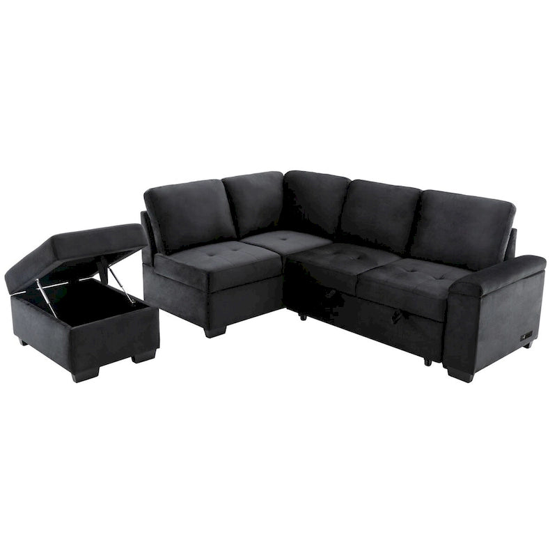 Gray / Dark Gray / Black L-Shaped Velvet Sleeper Sectional Sofa, 5-Seat