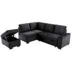 Gray / Dark Gray / Black L-Shaped Velvet Sleeper Sectional Sofa, 5-Seat