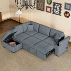 Gray / Dark Gray / Black L-Shaped Velvet Sleeper Sectional Sofa, 5-Seat