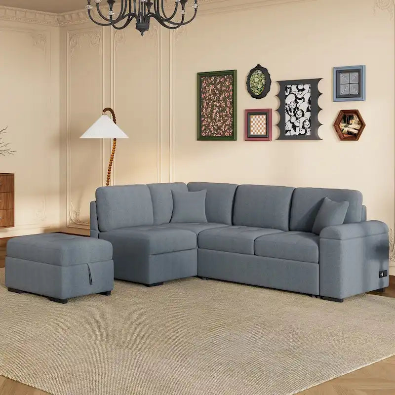 Gray / Dark Gray / Black L-Shaped Velvet Sleeper Sectional Sofa, 5-Seat