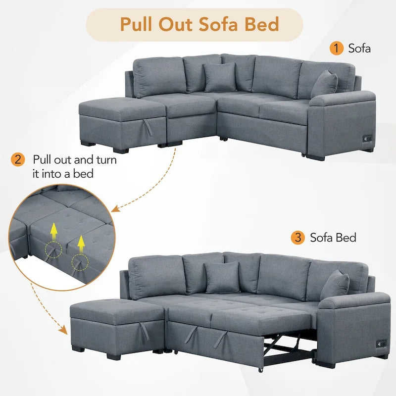 Gray / Dark Gray / Black L-Shaped Velvet Sleeper Sectional Sofa, 5-Seat