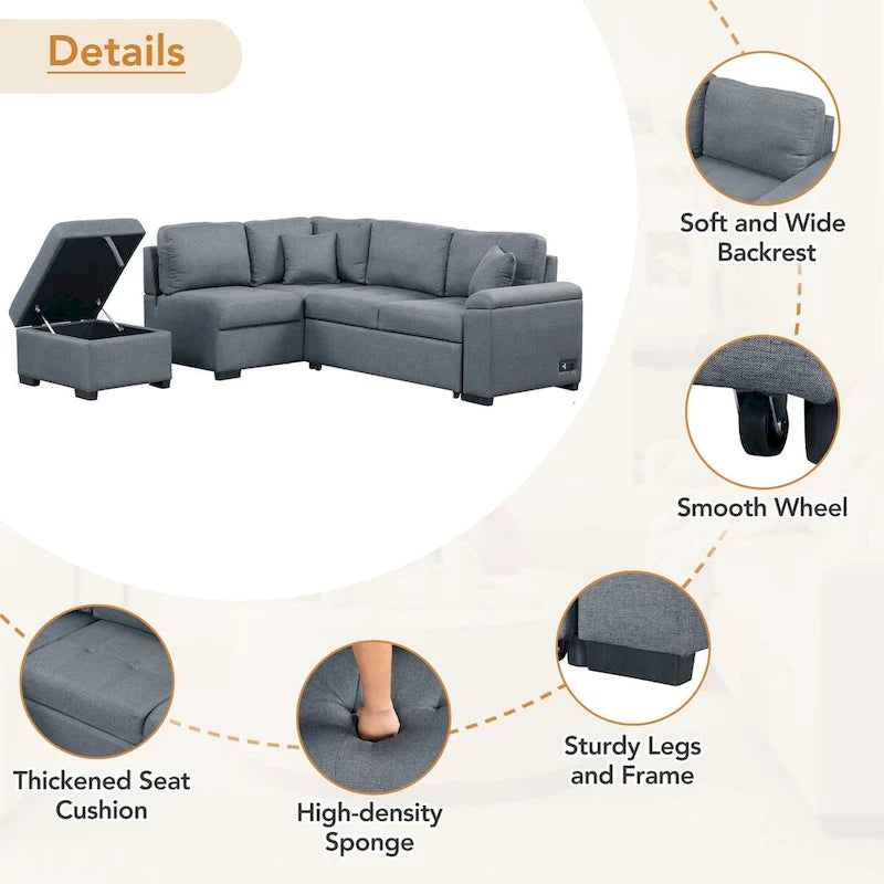 Gray / Dark Gray / Black L-Shaped Velvet Sleeper Sectional Sofa, 5-Seat