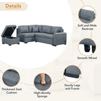 Gray / Dark Gray / Black L-Shaped Velvet Sleeper Sectional Sofa, 5-Seat