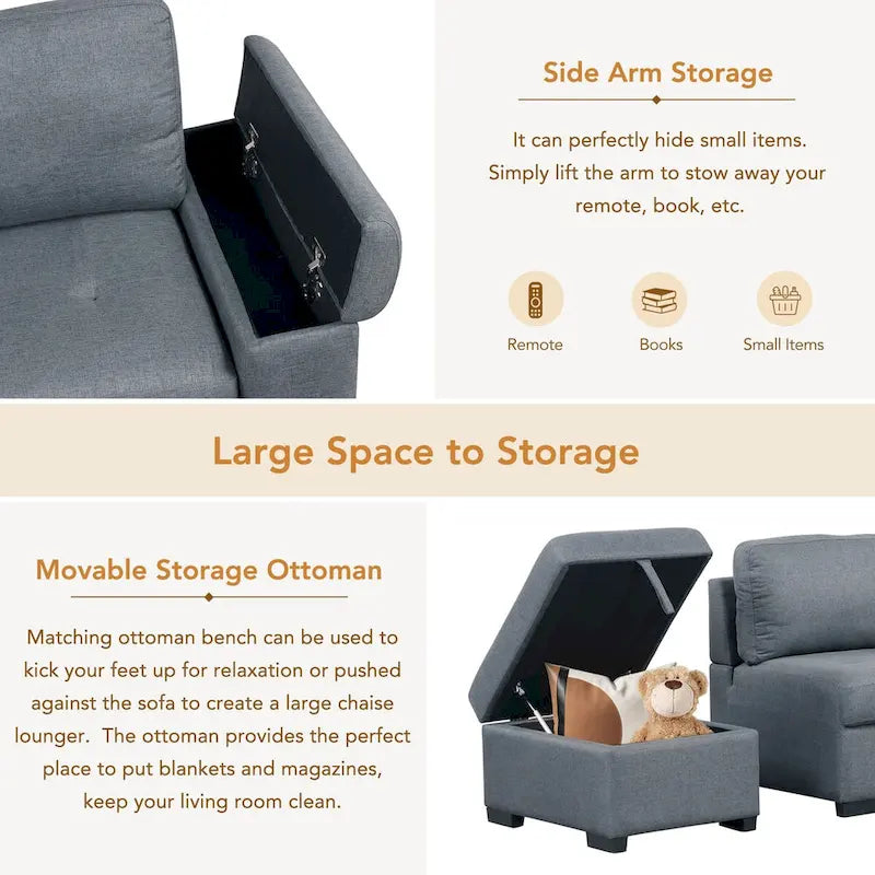 Gray / Dark Gray / Black L-Shaped Velvet Sleeper Sectional Sofa, 5-Seat