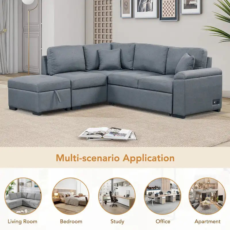 Gray / Dark Gray / Black L-Shaped Velvet Sleeper Sectional Sofa, 5-Seat