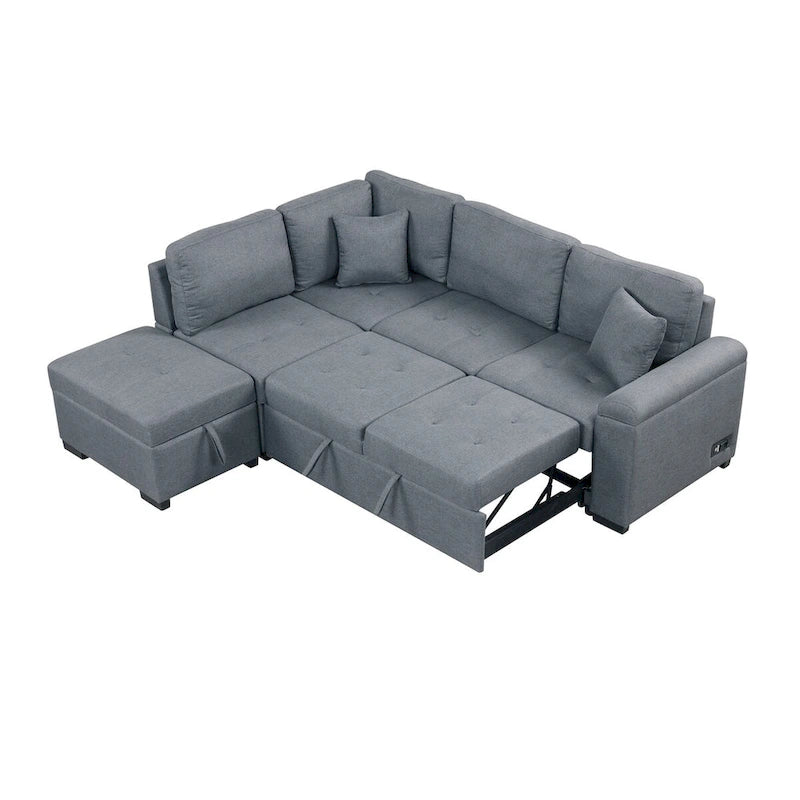 Gray / Dark Gray / Black L-Shaped Velvet Sleeper Sectional Sofa, 5-Seat