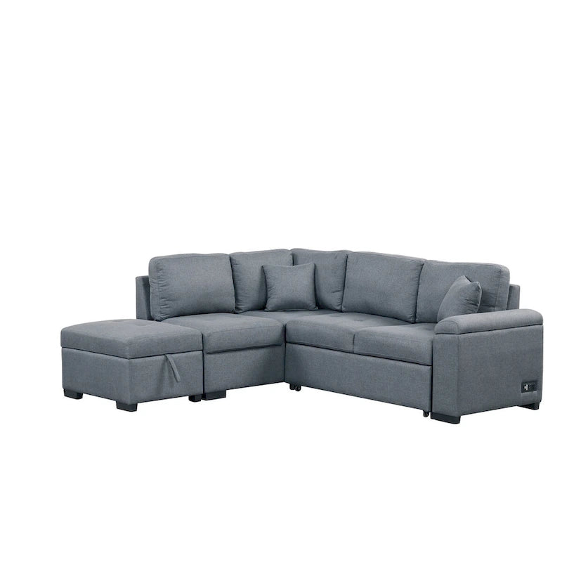 Gray / Dark Gray / Black L-Shaped Velvet Sleeper Sectional Sofa, 5-Seat