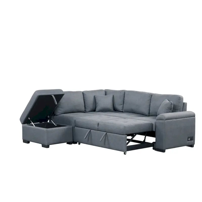 Gray / Dark Gray / Black L-Shaped Velvet Sleeper Sectional Sofa, 5-Seat