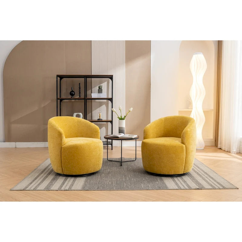 Chenille Fabric Swivel Accent Armchair Barrel Chair With Black Powder Coating Metal Ring