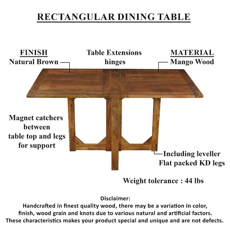 Brown Rectangular Dining Table, Solid Mango Wood, Seats 6