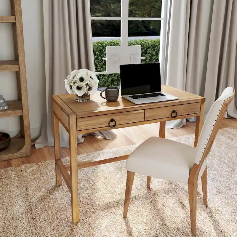 Brown / White / Blue 2-Drawer Writing Desk for 1 Person