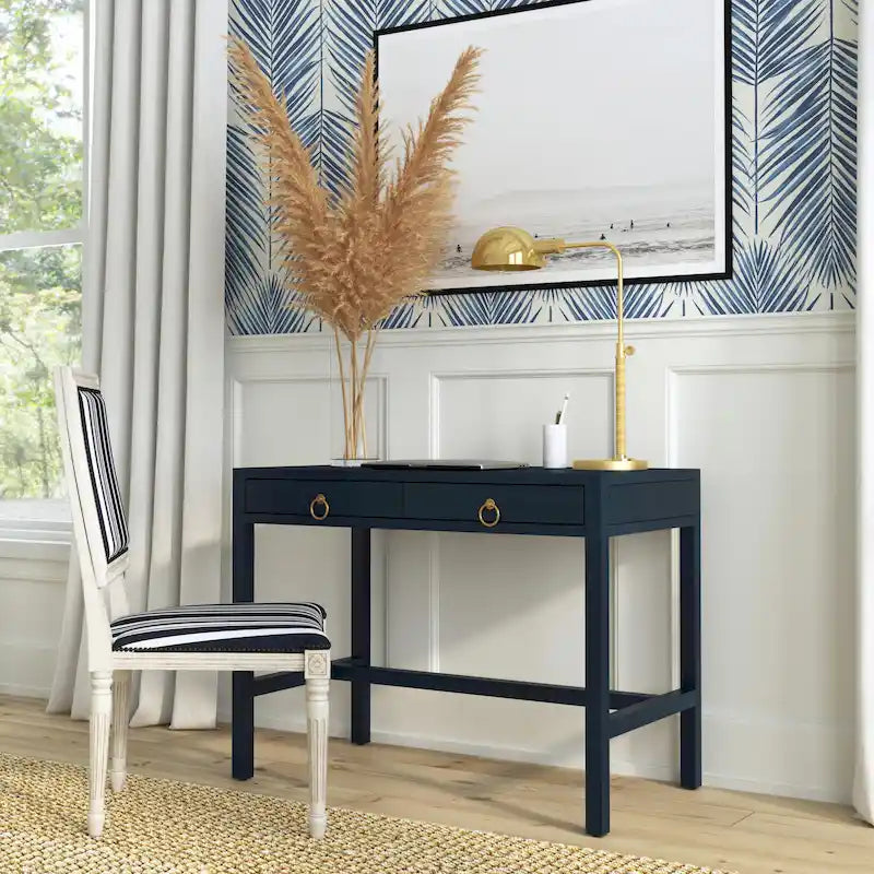 Brown / White / Blue 2-Drawer Writing Desk for 1 Person