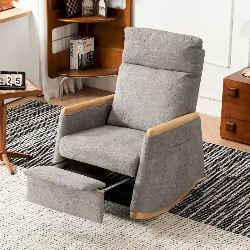 High-Back Upholstered Rocking Chair with Armrests & Side Pocket, Grey/Beige, Single Seat