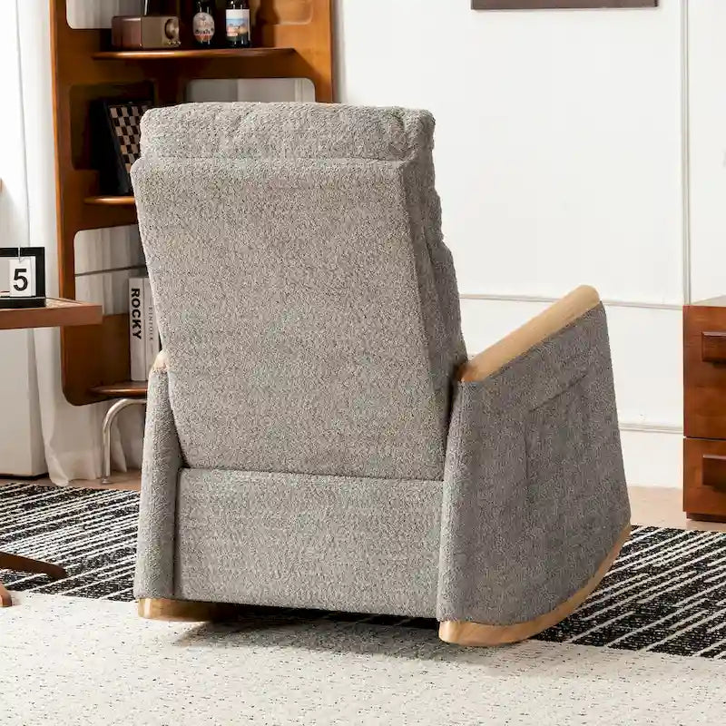 High-Back Upholstered Rocking Chair with Armrests & Side Pocket, Grey/Beige, Single Seat