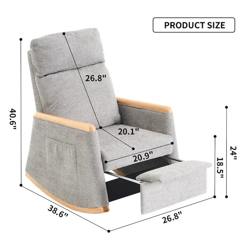 High-Back Upholstered Rocking Chair with Armrests & Side Pocket, Grey/Beige, Single Seat