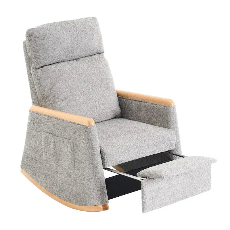 High-Back Upholstered Rocking Chair with Armrests & Side Pocket, Grey/Beige, Single Seat