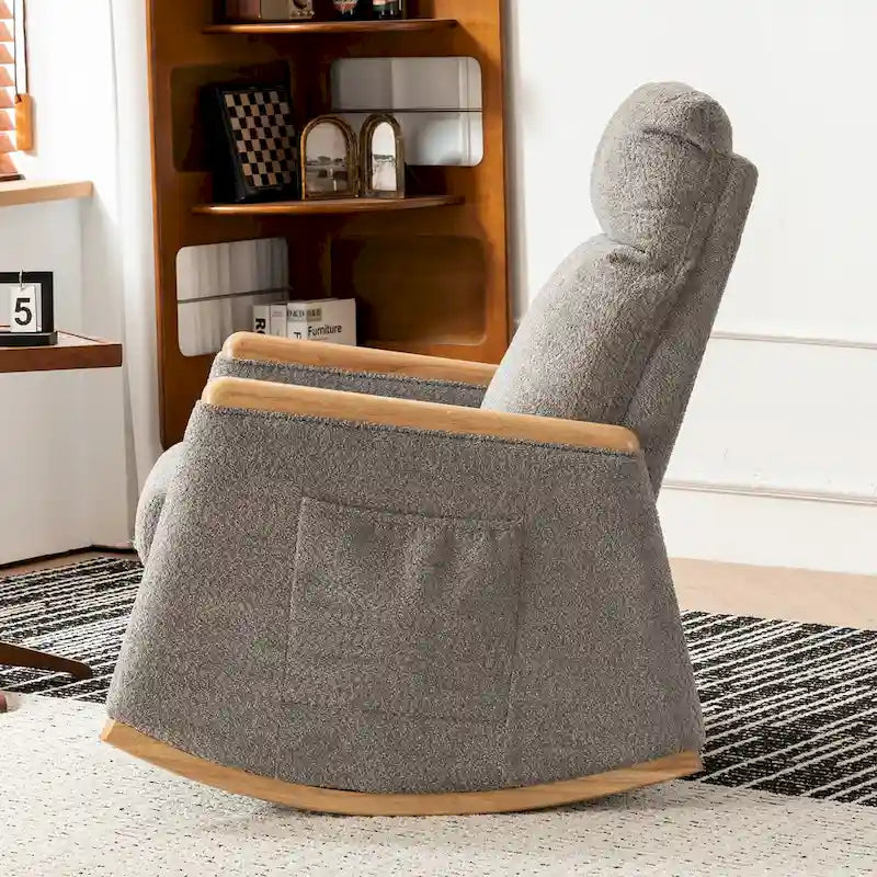 High-Back Upholstered Rocking Chair with Armrests & Side Pocket, Grey/Beige, Single Seat