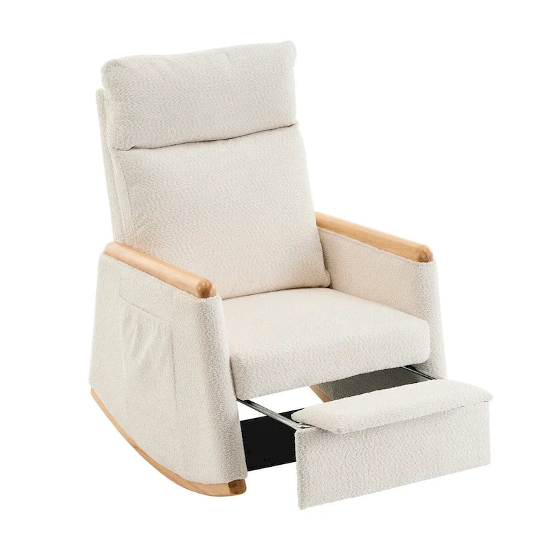 High-Back Upholstered Rocking Chair with Armrests & Side Pocket, Grey/Beige, Single Seat