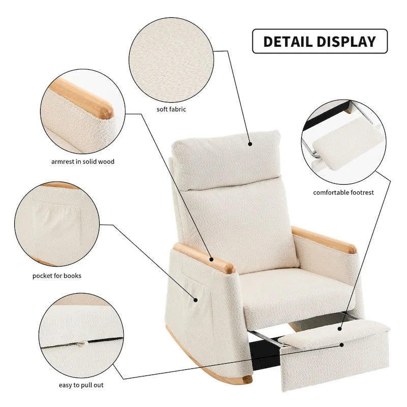 High-Back Upholstered Rocking Chair with Armrests & Side Pocket, Grey/Beige, Single Seat