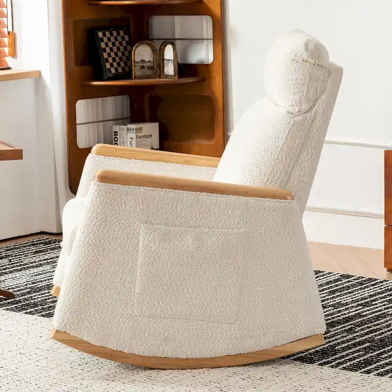 High-Back Upholstered Rocking Chair with Armrests & Side Pocket, Grey/Beige, Single Seat
