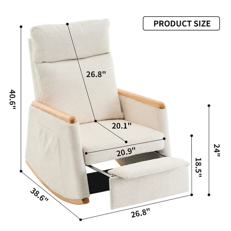 High-Back Upholstered Rocking Chair with Armrests & Side Pocket, Grey/Beige, Single Seat