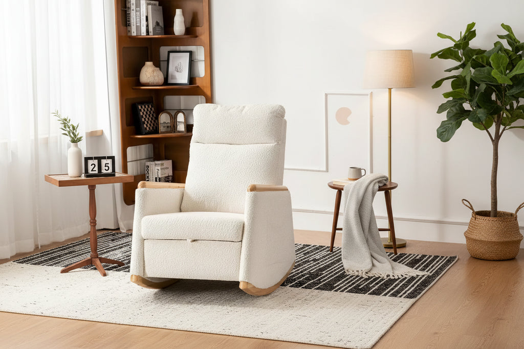 High-Back Upholstered Rocking Chair with Armrests & Side Pocket, Grey/Beige, Single Seat
