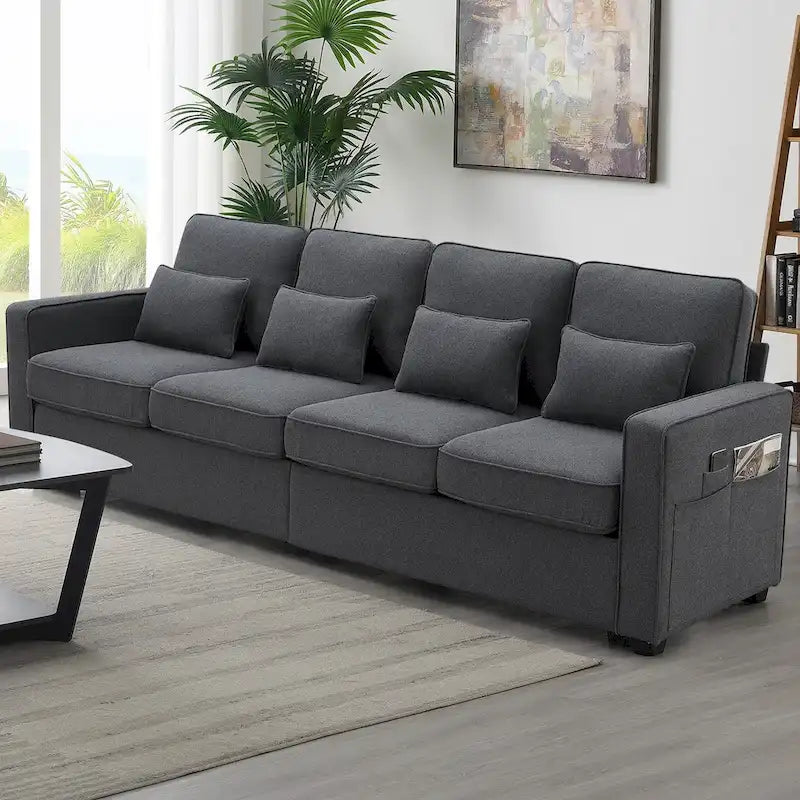 4-Seater Modern Linen Sofa with Armrest Pockets – Beige / Dark Grey / Light Grey