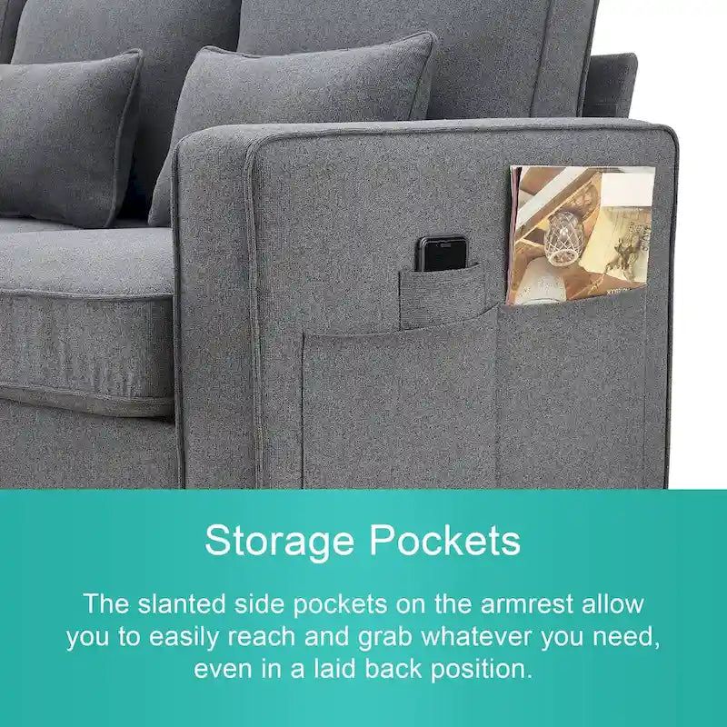 4-Seater Modern Linen Sofa with Armrest Pockets – Beige / Dark Grey / Light Grey