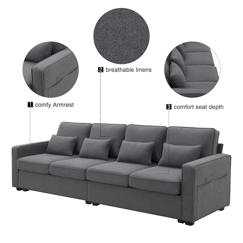 4-Seater Modern Linen Sofa with Armrest Pockets – Beige / Dark Grey / Light Grey