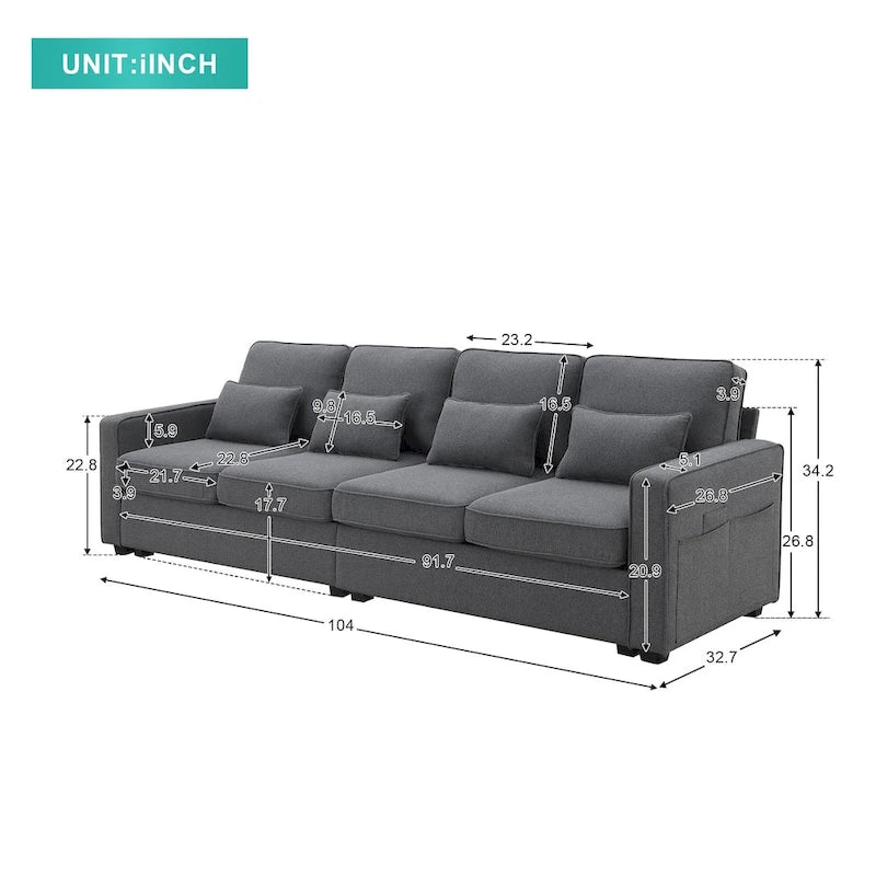 4-Seater Modern Linen Sofa with Armrest Pockets – Beige / Dark Grey / Light Grey