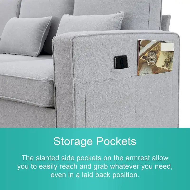 4-Seater Modern Linen Sofa with Armrest Pockets – Beige / Dark Grey / Light Grey