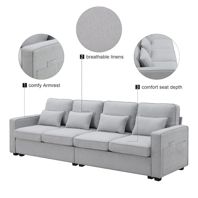 4-Seater Modern Linen Sofa with Armrest Pockets – Beige / Dark Grey / Light Grey