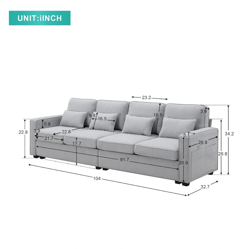 4-Seater Modern Linen Sofa with Armrest Pockets – Beige / Dark Grey / Light Grey