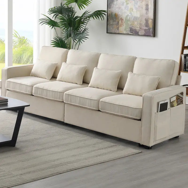 4-Seater Modern Linen Sofa with Armrest Pockets – Beige / Dark Grey / Light Grey