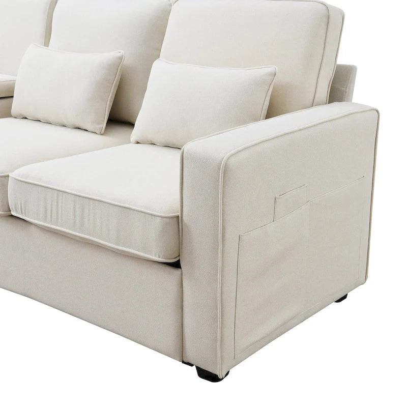 4-Seater Modern Linen Sofa with Armrest Pockets – Beige / Dark Grey / Light Grey