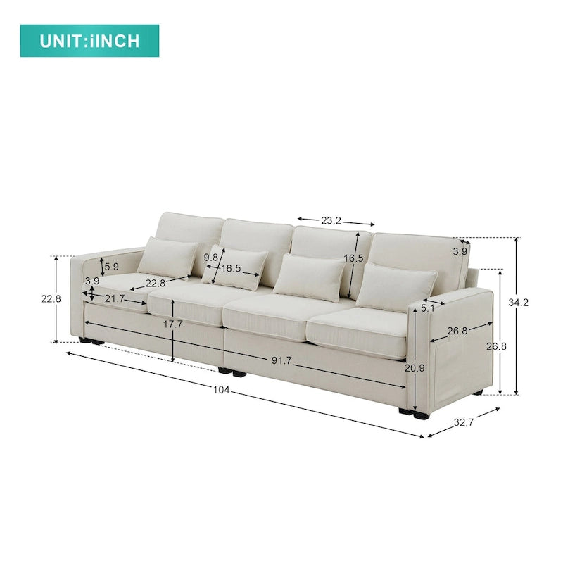 4-Seater Modern Linen Sofa with Armrest Pockets – Beige / Dark Grey / Light Grey
